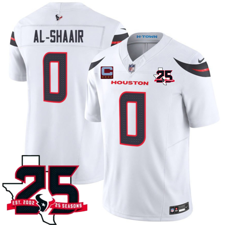 Men's White Houston Texans #0 Azeez Al-Shaair 2026 With 25th Anniversary Patch And 4-Star C Patch F.U.S.E. Vapor Limited Stitched Football Jersey